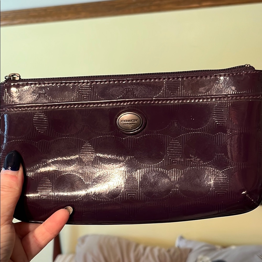 EUC Coach Purple Large Wristlet with Monogram Design and Hangtag Silver Hardware